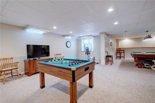74 Chadwick Mnr, Perinton, NY 14450 - game room featuring billiards, light carpet, a paneled ceiling, and recessed lighting