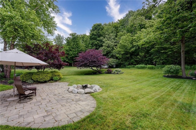 74 Chadwick Mnr, Perinton, NY 14450 - view of grassy yard featuring a patio area and an outdoor fire pit