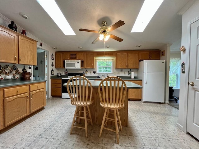 12901 Washburn Rd, Butler, NY 14590 - kitchen featuring white appliances, a skylight, ceiling fan, and a kitchen bar