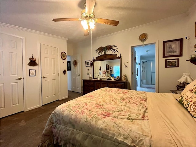 12901 Washburn Rd, Butler, NY 14590 - bedroom featuring dark colored carpet, crown molding, ensuite bathroom, and ceiling fan