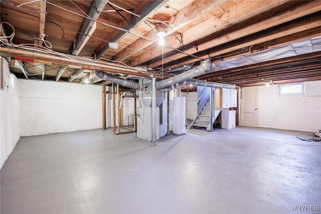 39 Marwood Rd, Greece, NY 14616 - basement with water heater, stairway, and heating unit