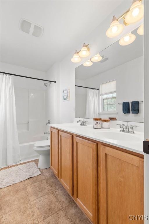 5418 Quamby Rd, Clay, NY 13041 - bathroom featuring double vanity, shower / tub combo with curtain, and tile patterned floors
