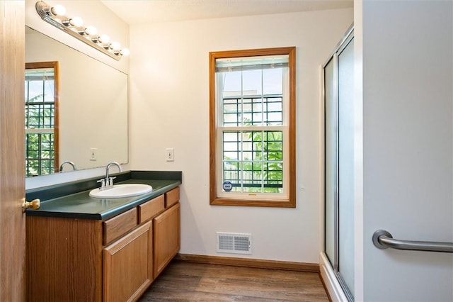 282 Troup St, Rochester, NY 14608 - full bath with vanity, wood finished floors, healthy amount of natural light, and a shower with door