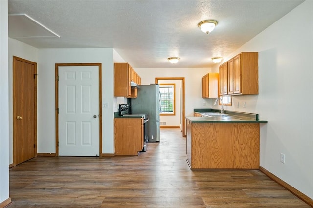 282 Troup St, Rochester, NY 14608 - kitchen featuring electric range, dark wood-type flooring, under cabinet range hood, and brown cabinetry