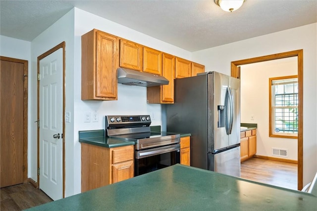 282 Troup St, Rochester, NY 14608 - kitchen with under cabinet range hood, appliances with stainless steel finishes, wood finished floors, and dark countertops