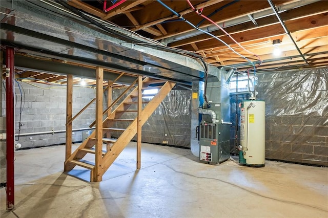 282 Troup St, Rochester, NY 14608 - unfinished basement featuring water heater, heating unit, and stairs