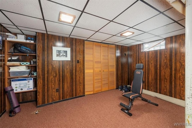68 Dover Dr, West Seneca, NY 14224 - exercise room with a drop ceiling, carpet, and wooden walls