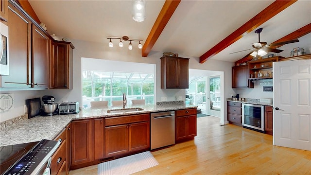 11 Overbrook Rd, Erwin, NY 14870 - kitchen featuring beverage cooler, dishwasher, light wood-style floors, light stone counters, and ceiling fan
