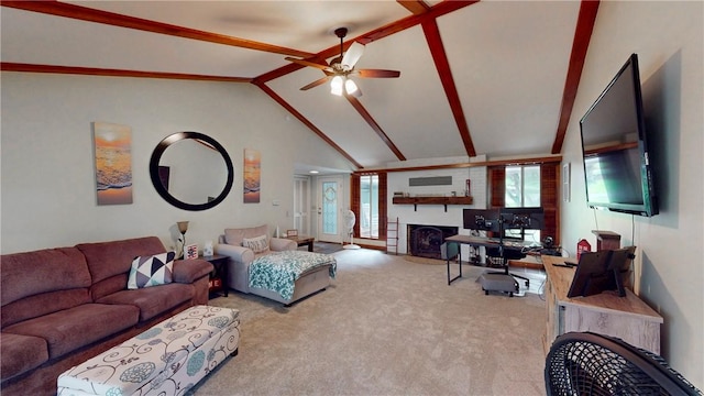 11 Overbrook Rd, Erwin, NY 14870 - carpeted living area with a fireplace with flush hearth and ceiling fan