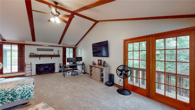 11 Overbrook Rd, Erwin, NY 14870 - carpeted living room with lofted ceiling, healthy amount of natural light, ceiling fan, and a brick fireplace