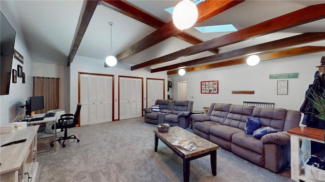 11 Overbrook Rd, Erwin, NY 14870 - living area with carpet flooring, beam ceiling, a skylight, and an office area