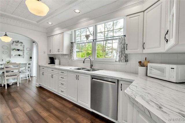 2846 Amsdell Rd, Hamburg, NY 14075 - kitchen with dishwasher, white microwave, white cabinetry, dark wood-type flooring, and light stone counters