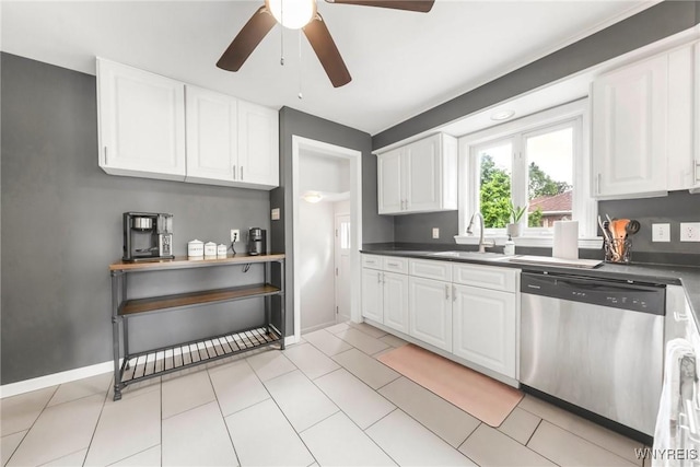 34 Wainwright Rd, Cheektowaga, NY 14215 - kitchen featuring stainless steel dishwasher, white cabinets, ceiling fan, and dark countertops