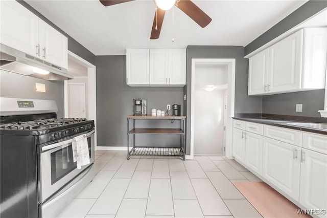 34 Wainwright Rd, Cheektowaga, NY 14215 - kitchen featuring stainless steel gas range, under cabinet range hood, ceiling fan, and white cabinets