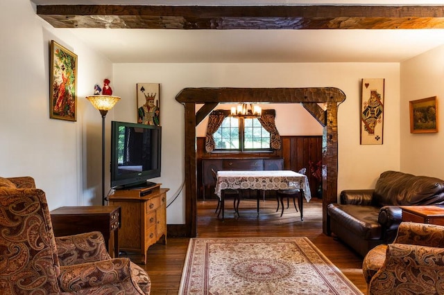 320 Glen Ave, Elmira, NY 14905 - living area with wood finished floors, a chandelier, and beam ceiling