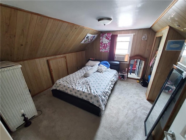 56 Canasta Rd, Greece, NY 14615 - bedroom with wooden walls, vaulted ceiling, carpet floors, and cooling unit