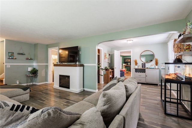 387 Brandon Rd, Irondequoit, NY 14622 - living room featuring arched walkways, wood finished floors, and a glass covered fireplace