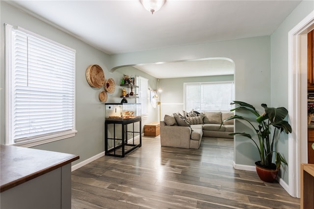 387 Brandon Rd, Irondequoit, NY 14622 - living room featuring arched walkways and wood finished floors