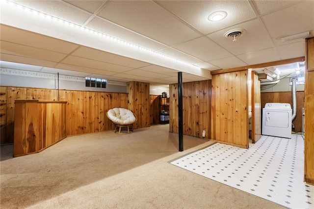 387 Brandon Rd, Irondequoit, NY 14622 - finished below grade area featuring washer / clothes dryer, carpet flooring, a paneled ceiling, and wooden walls