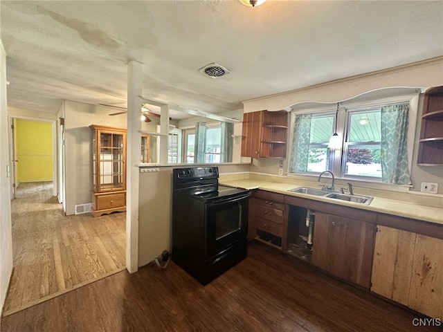 504 Allen Rd, Clay, NY 13212 - kitchen featuring electric range, open shelves, dark wood-style flooring, and light countertops