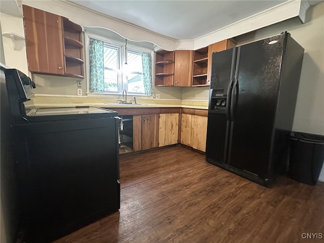 504 Allen Rd, Clay, NY 13212 - kitchen with open shelves, black fridge with ice dispenser, electric range oven, dark wood-type flooring, and light countertops