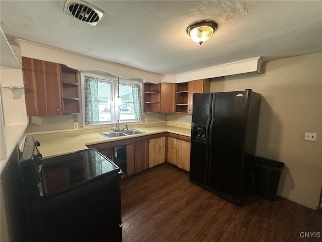 504 Allen Rd, Clay, NY 13212 - kitchen featuring open shelves, black appliances, dark wood finished floors, and light countertops