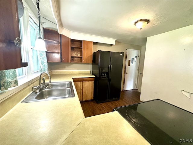 504 Allen Rd, Clay, NY 13212 - kitchen with black fridge with ice dispenser, electric stove, light countertops, open shelves, and dark wood-type flooring