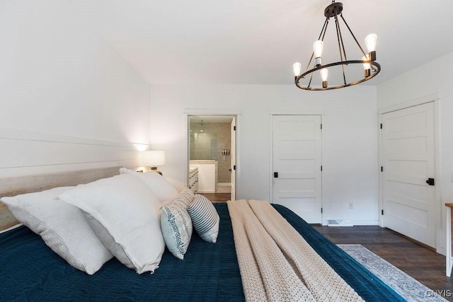 2178 Conley Rd, Sullivan, NY 13037 - bedroom featuring a chandelier, dark wood finished floors, ensuite bathroom, and a closet