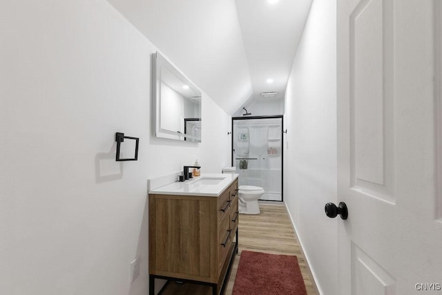 2178 Conley Rd, Sullivan, NY 13037 - bathroom featuring vanity, a shower stall, wood finished floors, lofted ceiling, and recessed lighting