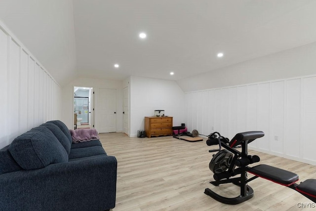 2178 Conley Rd, Sullivan, NY 13037 - workout area with light wood-style floors, lofted ceiling, recessed lighting, and a decorative wall