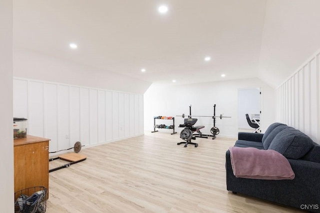 2178 Conley Rd, Sullivan, NY 13037 - workout area featuring light wood-type flooring, vaulted ceiling, and recessed lighting