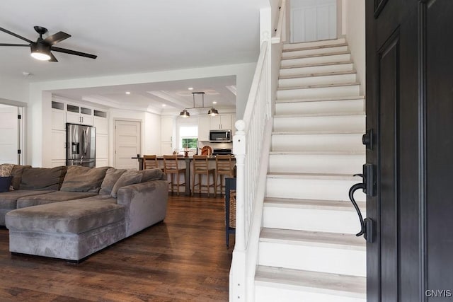 2178 Conley Rd, Sullivan, NY 13037 - living room featuring stairway, a ceiling fan, dark wood-type flooring, and recessed lighting