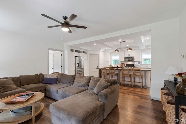 2178 Conley Rd, Sullivan, NY 13037 - living area featuring dark wood-style floors, a ceiling fan, and recessed lighting