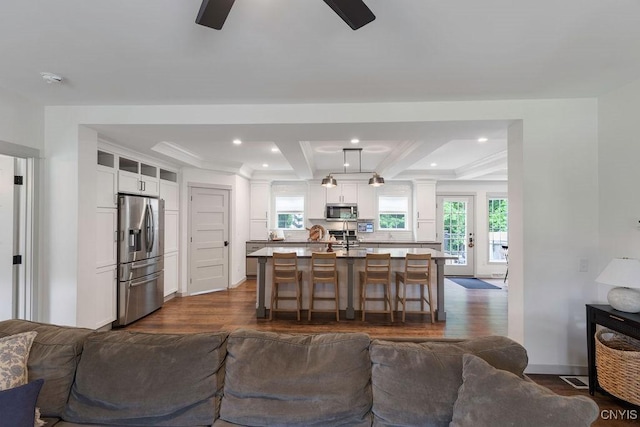 2178 Conley Rd, Sullivan, NY 13037 - living room featuring dark wood-style flooring, a ceiling fan, beam ceiling, recessed lighting, and crown molding