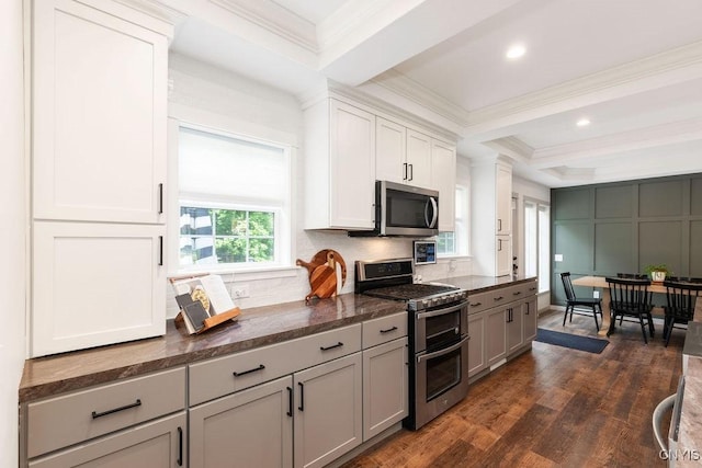 2178 Conley Rd, Sullivan, NY 13037 - kitchen with appliances with stainless steel finishes, crown molding, dark wood-style floors, beamed ceiling, and decorative backsplash