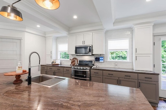 2178 Conley Rd, Sullivan, NY 13037 - kitchen featuring stainless steel appliances, crown molding, tasteful backsplash, white cabinets, and dark stone counters