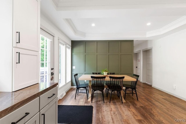 2178 Conley Rd, Sullivan, NY 13037 - dining room featuring ornamental molding, a tray ceiling, wood finished floors, and recessed lighting