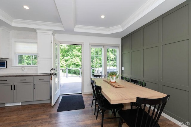 2178 Conley Rd, Sullivan, NY 13037 - dining area with a decorative wall, ornamental molding, dark wood-style floors, and recessed lighting