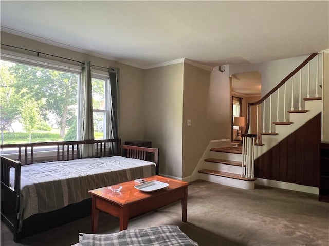 100 Curren Dr, Elmira, NY 14905 - carpeted living room featuring stairway and crown molding