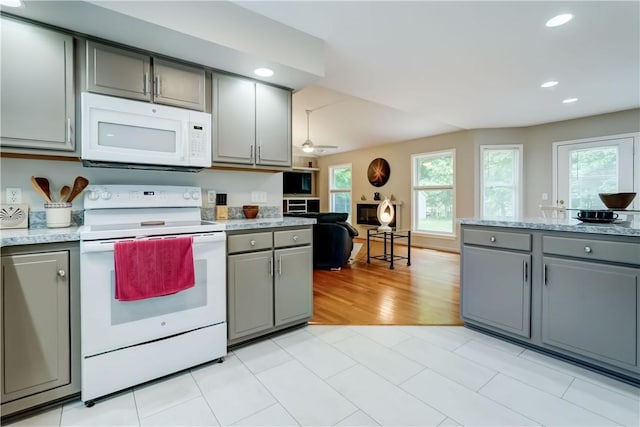 40 Little Glen Rd, Henrietta, NY 14534 - kitchen with white appliances, gray cabinetry, recessed lighting, a ceiling fan, and open floor plan