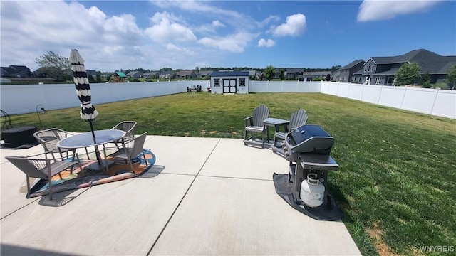 5472 Sycamore Ln, Hamburg, NY 14075 - fenced backyard with a storage shed, a patio area, area for grilling, and a residential view