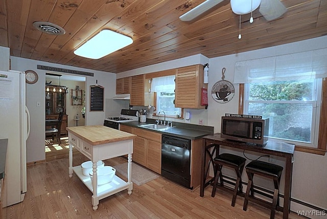 3042 Baseline Rd, Grand Island, NY 14072 - kitchen with white appliances, wooden counters, light wood-style flooring, wood ceiling, and ceiling fan