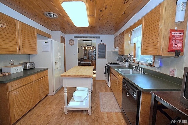 3042 Baseline Rd, Grand Island, NY 14072 - kitchen featuring white appliances, light wood-type flooring, decorative backsplash, wood ceiling, and under cabinet range hood