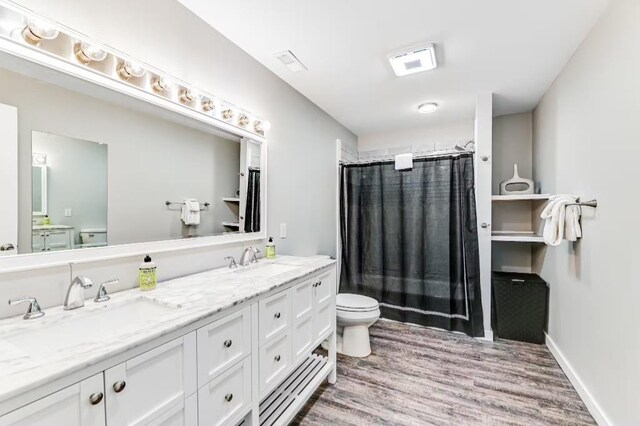 11059 Gold Seal Way, Urbana, NY 14840 - bathroom with wood finished floors, double vanity, and curtained shower