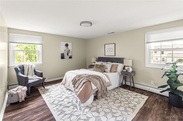 79 Hemlock Dr, West Seneca, NY 14224 - bedroom featuring a baseboard heating unit, multiple windows, and dark wood-style floors