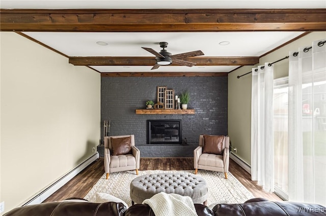 79 Hemlock Dr, West Seneca, NY 14224 - living room featuring a baseboard heating unit, beam ceiling, a fireplace, wood finished floors, and ceiling fan