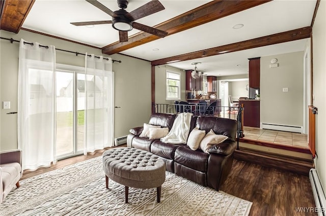 79 Hemlock Dr, West Seneca, NY 14224 - living area with a baseboard radiator, a ceiling fan, light wood-style flooring, and beam ceiling