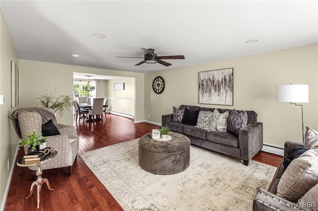 79 Hemlock Dr, West Seneca, NY 14224 - living area featuring baseboard heating, a ceiling fan, wood finished floors, and recessed lighting