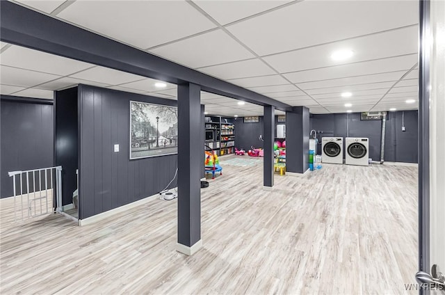 79 Hemlock Dr, West Seneca, NY 14224 - workout area with independent washer and dryer, wood finished floors, and a drop ceiling