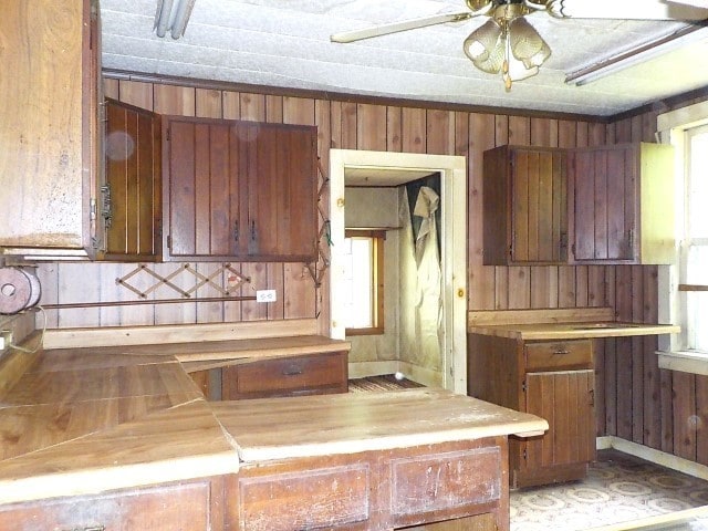 1140 N Main St, Arcadia, NY 14513 - kitchen featuring wooden walls, light countertops, ceiling fan, and brown cabinetry